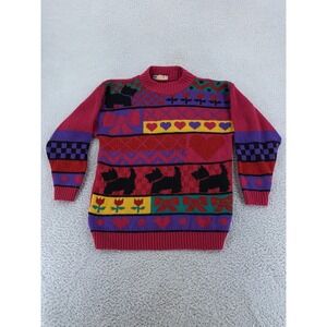 Vintage Rose Sweater Womens‎ Small Scotty Dog Knit Hearts Tulips 90s Grannycore